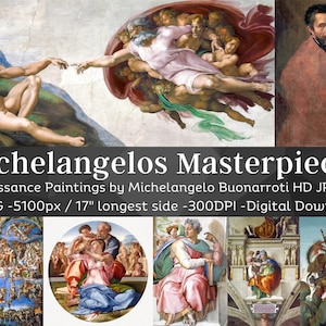Pode incluir: Um conjunto de 11 imagens JPG de alta resolução para download digital que apresentam pinturas renascentistas de Michelangelo Buonarroti. As imagens têm 5100 pixels de largura e 17 polegadas de comprimento, com uma resolução de 300 DPI. O conjunto inclui obras famosas como "A Criação de Adão" e "O Juízo Final".