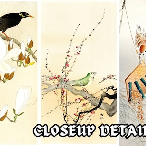 May include: A vintage Japanese art print featuring three different scenes with birds. The first scene shows a black bird perched on a branch with white magnolia blossoms. The second scene shows a green bird perched on a branch with pink blossoms. The third scene shows a brown bird perched on a wooden platform with bamboo tubes.
