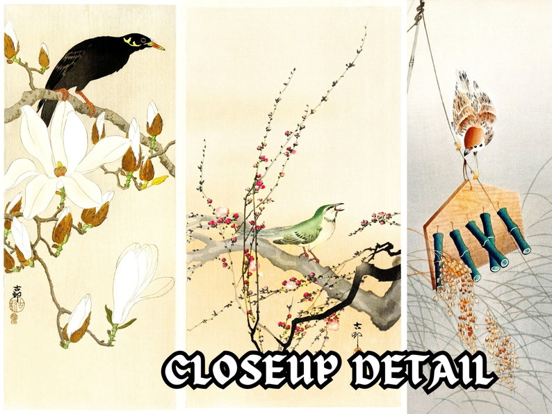 May include: A vintage Japanese art print featuring three different scenes with birds. The first scene shows a black bird perched on a branch with white magnolia blossoms. The second scene shows a green bird perched on a branch with pink blossoms. The third scene shows a brown bird perched on a wooden platform with bamboo tubes.