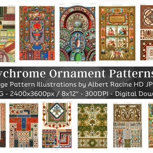 May include: A set of 44 vintage illustrations of colourful, intricate geometric patterns. The patterns are inspired by traditional ornament designs and are perfect for use in digital and print projects.