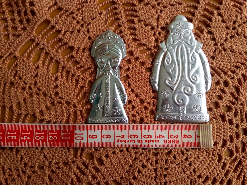 Cute Soviet Christmas Tree Decorations 1950s Onrament. Santa Claus and Snow Maiden Christmas Decoration USSR Cardboard Xmas Ornament