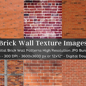 May include: A digital download of 21 high-resolution brick wall texture images. Each image is 3600 x 3600 pixels, or 12 x 12 inches, and 300 DPI. The images feature different brick patterns and colors, including red, brown, and white.
