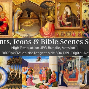 Religious Bible Scenes | Images of Gold Icons of Saints | Medieval Junk Journal | 20 HQ Vintage Printable Illustration | Madonna and Child