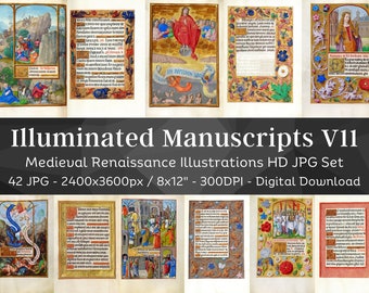 Illuminated Manuscript 42 Medieval Religious Renaissance Illustrations V11 | Vintage Gothic Printable Junk Journal Pages | Instant Download