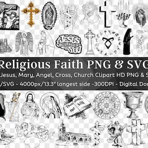 Clipart católico de fé religiosa 61 pacote PNG e SVG | Jesus Maria Anjo Cruz Papa Igreja Linha Arte SVG | Arquivos para Cricut | Download Digital