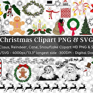 Weihnachten Clipart 91 PNG & SVG Bundle| Weihnachtsmann Rentier Geschenk Baum Glocke Schneeflocke Cane| Shirt Tassen schneiden Dateien für Cricut | Digitaler Download