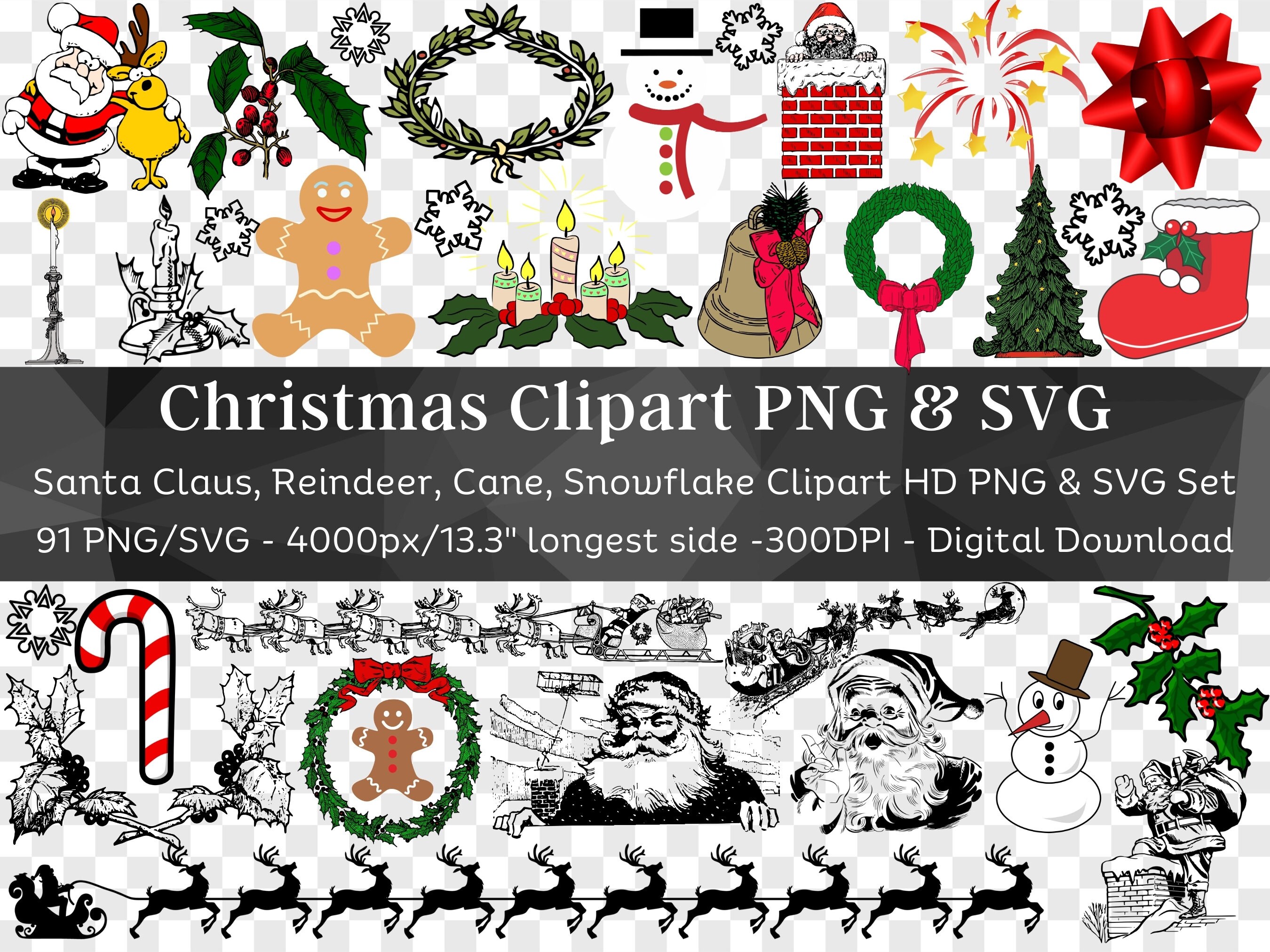 Christmas Clipart 91 PNG & SVG Bundle| Santa Claus Reindeer Gift Tree ...