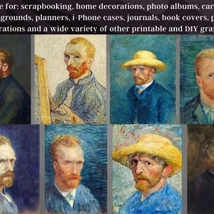 Puede incluir: Un collage de nueve impresiones de arte digital con retratos de Vincent van Gogh. Los retratos est&aacute;n en varios estilos y colores, incluyendo un autorretrato con un sombrero de paja, un autorretrato con una venda en la oreja y un autorretrato con barba.