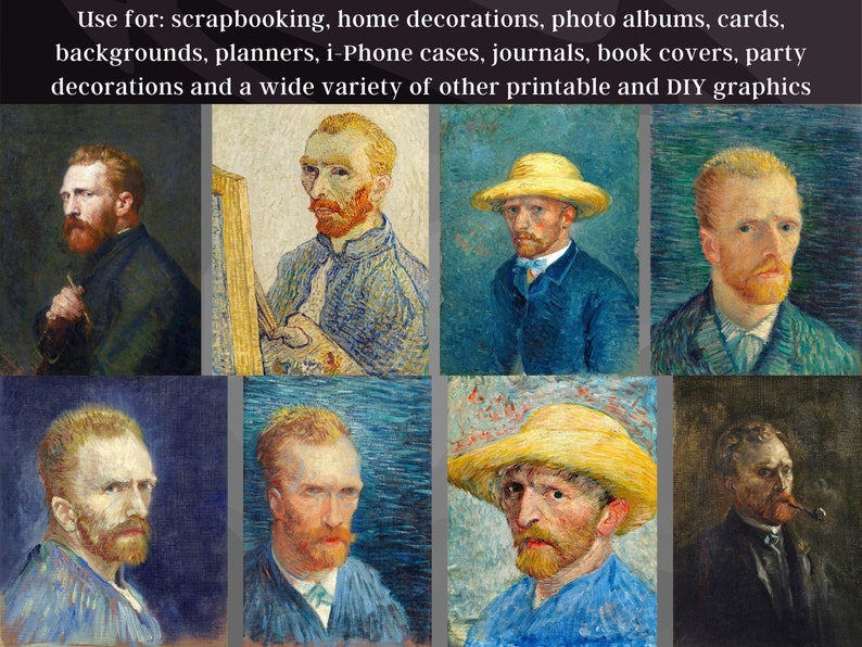 Puede incluir: Un collage de nueve impresiones de arte digital con retratos de Vincent van Gogh. Los retratos est&aacute;n en varios estilos y colores, incluyendo un autorretrato con un sombrero de paja, un autorretrato con una venda en la oreja y un autorretrato con barba.