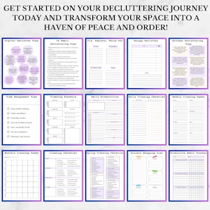 Puede incluir: Un planificador de organizaci&oacute;n y limpieza imprimible con un esquema de color morado y blanco. El planificador incluye secciones para consejos de limpieza digital, consejos de limpieza de correo electr&oacute;nico, arreglar, reemplazar, tirar, limpiar el garaje, consejos de limpieza de la cocina, consejos de gesti&oacute;n del tiempo, horario de limpieza, productividad diaria, lista de verificaci&oacute;n de limpieza diaria, tareas de limpieza semanales, tareas de limpieza mensuales, lista de verificaci&oacute;n de limpieza, lista de verificaci&oacute;n de limpieza de primavera, lista de compras y seguimiento de h&aacute;bitos productivos.