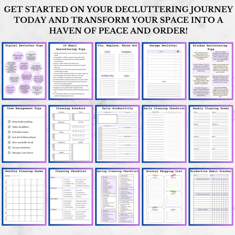 Puede incluir: Un planificador de organizaci&oacute;n y limpieza imprimible con un esquema de color morado y blanco. El planificador incluye secciones para consejos de limpieza digital, consejos de limpieza de correo electr&oacute;nico, arreglar, reemplazar, tirar, limpiar el garaje, consejos de limpieza de la cocina, consejos de gesti&oacute;n del tiempo, horario de limpieza, productividad diaria, lista de verificaci&oacute;n de limpieza diaria, tareas de limpieza semanales, tareas de limpieza mensuales, lista de verificaci&oacute;n de limpieza, lista de verificaci&oacute;n de limpieza de primavera, lista de compras y seguimiento de h&aacute;bitos productivos.