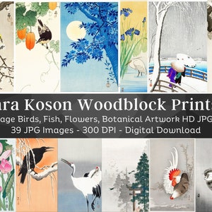Ohara Koson Woodblock Print Artwork Images Set 1 | 39 HQ Digital JPG Bundle | Vintage Japan | Birds Fish Flowers Botanical| Instant Download