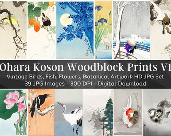 Ohara Koson Woodblock Print Artwork Images Set 1 | 39 HQ Digital JPG Bundle | Vintage Japan | Birds Fish Flowers Botanical| Instant Download