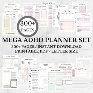May include: A collage of printable planner pages for people with ADHD. The pages are designed in a minimalist style with pink, green, and gray accents. The text "MEGA ADHD PLANNER SET" is displayed in large, bold letters at the bottom of the image. The text "300+ PAGES / INSTANT DOWNLOAD PRINTABLE PDF / LETTER SIZE" is displayed below the title.