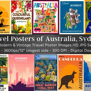 Reiseposter Australien Sydney| 37 HQ JPG Digital Image Bundle | Bunte Retro City Modern & Vintage Poster Kollektion| Sofort Download