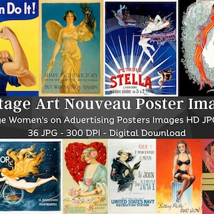 Vintage Art Nouveau Mujeres en imágenes de carteles publicitarios / 36 HQ Digital JPG Bundle / Antique Poster Wall Art Collection / Descarga instantánea
