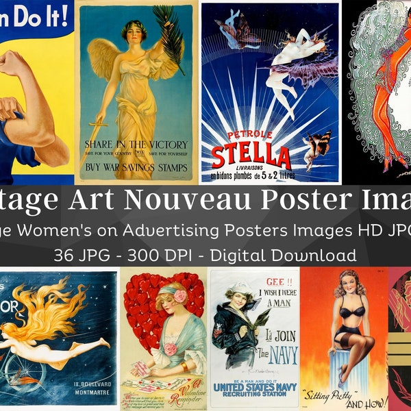 Vintage Art Nouveau Women's on Advertising Posters Images | 36 HQ Digital JPG Bundle | Antique Poster Wall Art Collection | Instant Download