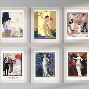 May include: Six framed art prints with a white background and a light wood frame. The prints feature illustrations of people in various poses and settings. The prints are all in a similar style, with a focus on fashion and design.