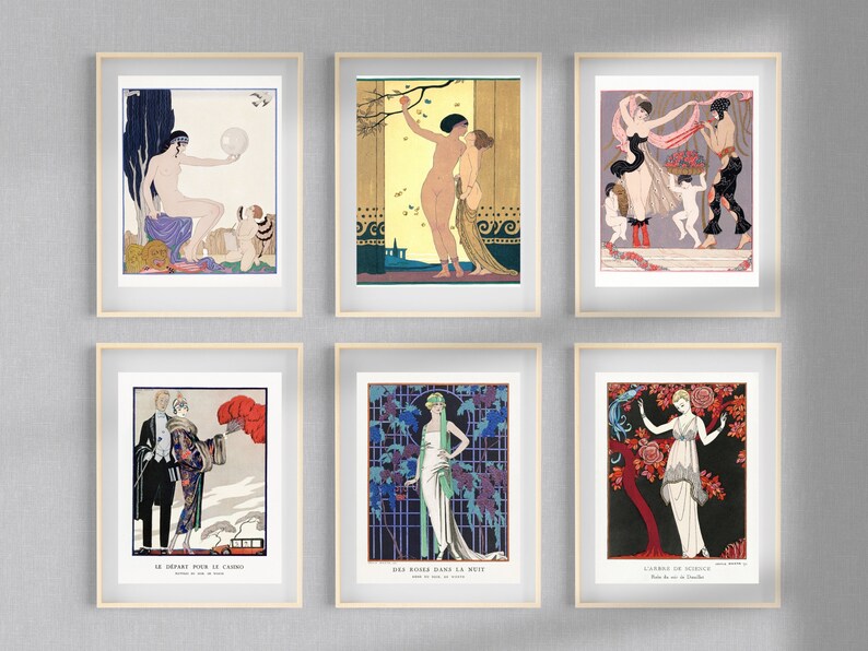 May include: Six framed art prints with a white background and a light wood frame. The prints feature illustrations of people in various poses and settings. The prints are all in a similar style, with a focus on fashion and design.