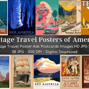 Imágenes de carteles de viaje vintage de América / 38 JPG HQ Paquete de imágenes digitales / Anuncios de carteles antiguos Postales Colección de arte de pared / Descarga instantánea