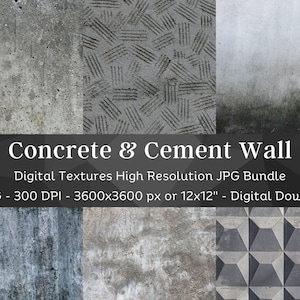 Könnte beinhalten: Ein digitales Download-Paket mit sechs verschiedenen Beton- und Zementwandtexturen. Die Texturen weisen unterschiedliche Farben und Muster auf, darunter raue, zerkratzte und geometrische Designs. Das Bild enthält den Text "Concrete & Cement Wall".