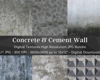 May include: A digital download bundle featuring six different concrete and cement wall textures. The textures vary in color and pattern, including rough, scratched, and geometric designs. The image includes the text "Concrete & Cement Wall".