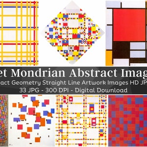 May include: A set of 33 digital images featuring abstract geometric artwork by Piet Mondrian. The images are in high resolution (300 DPI) and are perfect for use in digital projects or printing.
