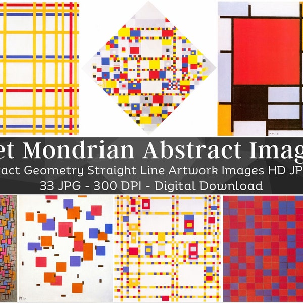 Piet Mondrian Abstract Geometry Artwork Images | 33 HQ Digital JPG Bundle | Antique Straight Line Wall Art Collection | Instant Download