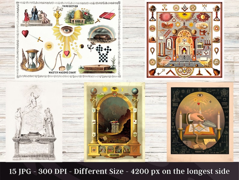 May include: A collection of 15 vintage Masonic illustrations in JPG format. The images feature various symbols and imagery associated with Freemasonry, including the all-seeing eye, compass and square, and the Masonic temple. The images are in black and white and color, and are in different sizes, with the longest side measuring 4200 pixels. The images are 300 DPI.