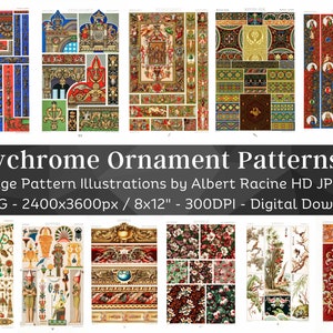 May include: A digital download set of 44 vintage pattern illustrations by Albert Racine. The illustrations feature intricate designs in a variety of colours, including gold, red, blue, and green. The patterns are perfect for use in scrapbooking, card making, and other craft projects.
