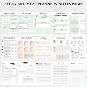 May include: Printable planner pages with a green, pink, and white color scheme. The pages include study planners, meal planners, recipe cards, macro trackers, and note pages. The pages are designed to help you stay organized and on track with your goals.