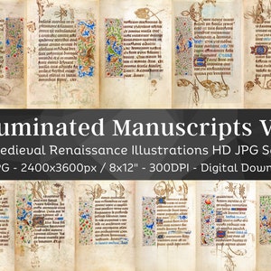 Op de afbeelding: Een set van 37 digitale afbeeldingen van verluchte handschriften uit de middeleeuwen en de renaissance. De afbeeldingen zijn van hoge resolutie, meten 2400 x 3600 pixels en zijn geschikt voor afdrukken in het formaat 8x12 inch. De afbeeldingen tonen ingewikkelde illustraties en kalligrafie in verschillende kleuren, waaronder rood, blauw, groen en goud.