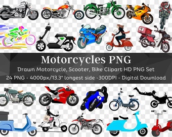 Motocicleta Clipart 24 PNG Paquete 2 / Santa Montar Bicicleta Moto Chopper Mujer Montar Scooter Sportsbike / Fondo PNG / Descarga Digital