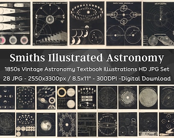 Może przedstawiać: Zbiór 28 vintage ilustracji astronomicznych z podręcznika z lat 50. XIX wieku. Ilustracje są czarno-białe i przedstawiają różne ciała niebieskie, w tym księżyc, planety i gwiazdy. Ilustracje są wysokiej rozdzielczości i idealne do użycia w projektach cyfrowych.