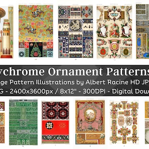 May include: A set of 44 vintage illustrations of colorful, intricate ornament patterns. The patterns are in a variety of styles, including geometric, floral, and architectural. The illustrations are high-resolution and perfect for use in digital design projects.