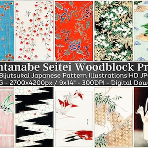 May include: A set of 42 digital Japanese woodblock prints featuring traditional patterns. The prints are high-resolution (300 DPI) and measure 9x14 inches. The designs include floral motifs, geometric shapes, and landscapes.