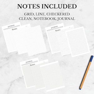 Puede incluir: Cuatro tipos diferentes de p&aacute;ginas de diario imprimibles: cuadr&iacute;cula, l&iacute;nea, cuadriculado y liso. Cada p&aacute;gina tiene la palabra "JOURNAL" y "Notes" en la parte superior.