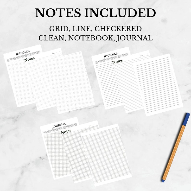 Puede incluir: Cuatro tipos diferentes de p&aacute;ginas de diario imprimibles: cuadr&iacute;cula, l&iacute;nea, cuadriculado y liso. Cada p&aacute;gina tiene la palabra "JOURNAL" y "Notes" en la parte superior.