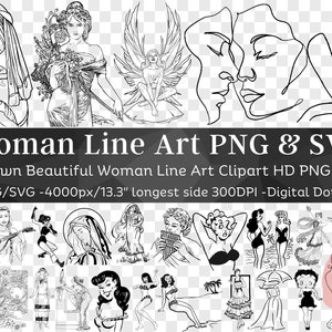Pacchetto PNG e SVG di Woman Line Art 81 / Silhouette donna minimalista Line Art Clipart / Disegno a tratteggio corpo femminile SVG / Download istantaneo Comm. Utilizzo