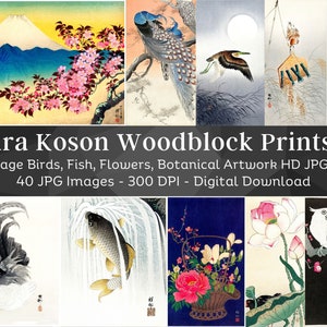 May include: A collection of 40 vintage Japanese woodblock prints featuring birds, fish, and flowers. The prints are in high resolution and are perfect for digital download. "Ohara Koson Woodblock Prints V6" is written across the top of the image.