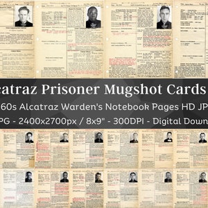 60 Vintage Alcatraz Inmate Prison Records with Mugshots HD Image V4 | Wardens Notebook Criminal Files | Crime Junk Journal| Digital Download