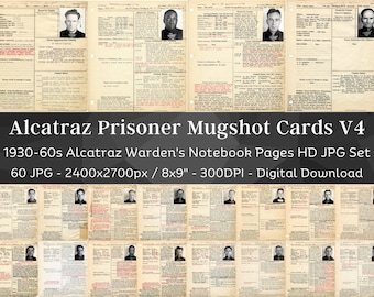 60 Vintage Alcatraz Inmate Prison Records with Mugshots HD Image V4 | Wardens Notebook Criminal Files | Crime Junk Journal| Digital Download