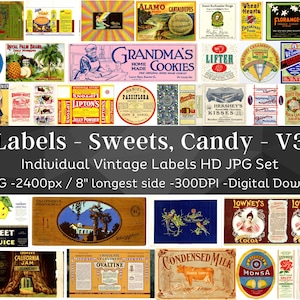 Vintage Sweets Labels Kit 80 HQ Digital JPG Bundle 3| Retro Candy Label| Cookies, Chocolate, Fruit, Jam, Juice, Gum Labels| Instant Download