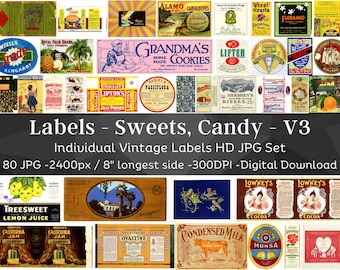 Vintage Sweets Labels Kit 80 HQ Digital JPG Bundle 3| Retro Candy Label| Cookies, Chocolate, Fruit, Jam, Juice, Gum Labels| Instant Download