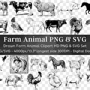 Animal de ferme 103 PNG & SVG Bundle | Clipart Silhouette SVG | Poulet, vache, âne, mouton, taureau, cheval, cochon | Fichiers pour Cricut | Téléchargement numérique