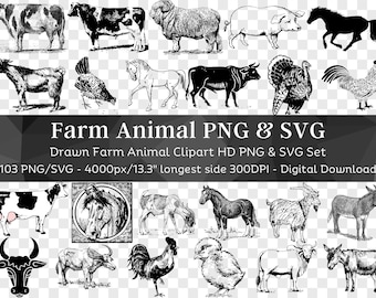 Farm Animal 103 PNG & SVG Bundle / Clipart Silhouette SVG / Pollo, Vaca, Burro, Oveja, Toro, Caballo, Cerdo / Archivos para Cricut / Descarga digital