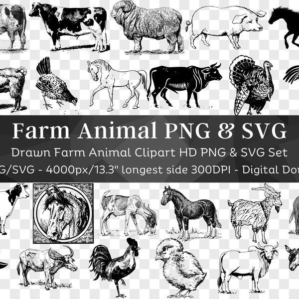 Farm Animal 103 PNG & SVG Bundle | Clipart Silhouette SVG| Chicken, Cow, Donkey, Sheep, Bull, Horse, Pig| Files for Cricut| Digital Download