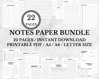 Paquete de papel de notas PDF / Papel reglado universitario / Diario de cuaderno / Papel de notas Cornell imprimible / Nota del estudiante / Toma de notas / Carta A4 A5