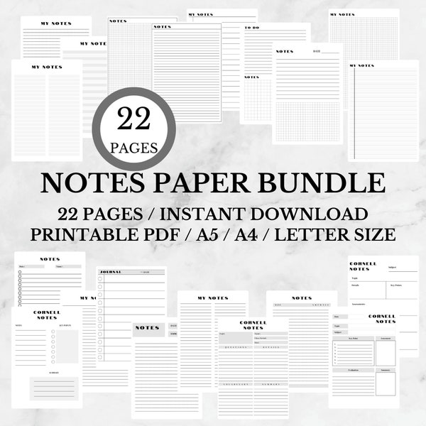 Notes Paper Bundle PDF | College Ruled Paper | Notebook Journal | Cornell Notes Paper Printable | Student Note | Note Taking | Letter A4 A5
