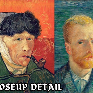 Puede incluir: Una imagen dividida en dos, que muestra dos autorretratos de Vincent van Gogh. El lado izquierdo muestra un primer plano de van Gogh con la oreja vendada, usando un sombrero de piel oscura y una chaqueta verde. &Eacute;l est&aacute; sosteniendo una pipa en su boca. El lado derecho muestra un primer plano de van Gogh con barba y un fondo amarillo.